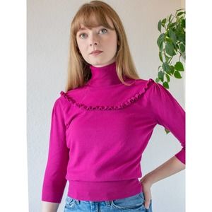 Vintage Fuchsia Ruffled Yoke Knit Turtleneck